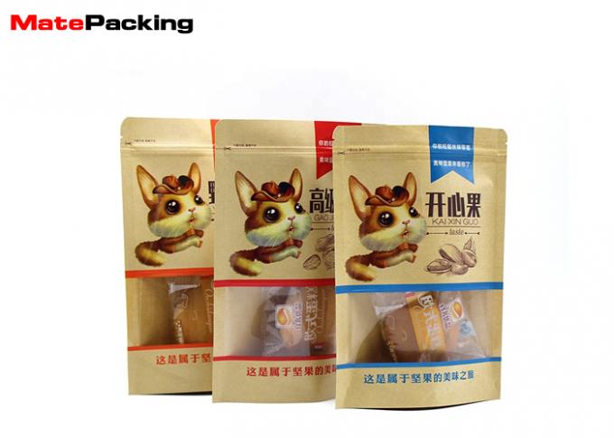 Kraft Paper Food Packaging Pouches , Stand Up Snack Zipper Paper Pouch With Window