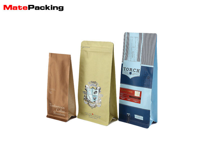 China Custom Printed Natural Kraft Paper Coffee Bags Flat Bottom Pouch Zipper Top factory