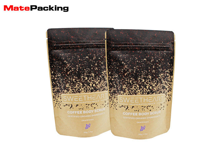 China Flat Bottom Kraft Paper Food Bags Resealable Stand Up Aluminum Foil Lined Coated factory